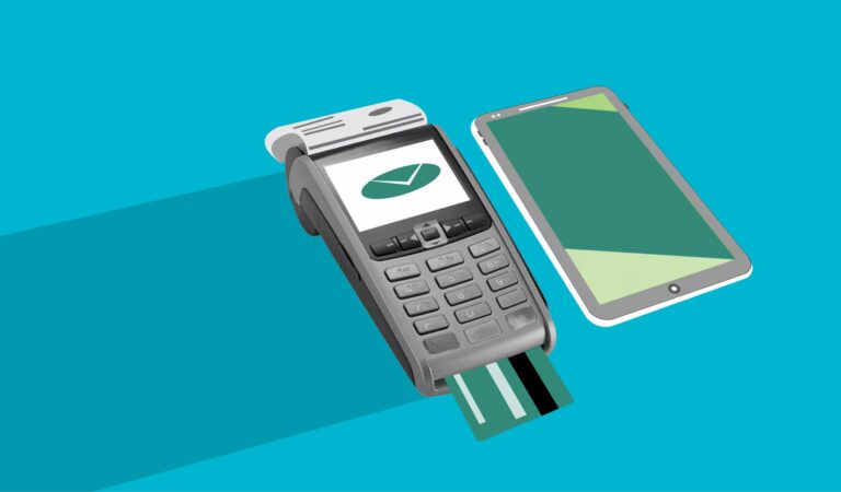Digital illustration of a point-of-sale terminal with a credit card inserted and a nearby smartphone, set against a cyan background, symbolizing Scaling with Integrated Fintech Solutions through seamless payment technology, mobile transaction tools, and smart retail systems that enable financial scalability and operational efficiency.