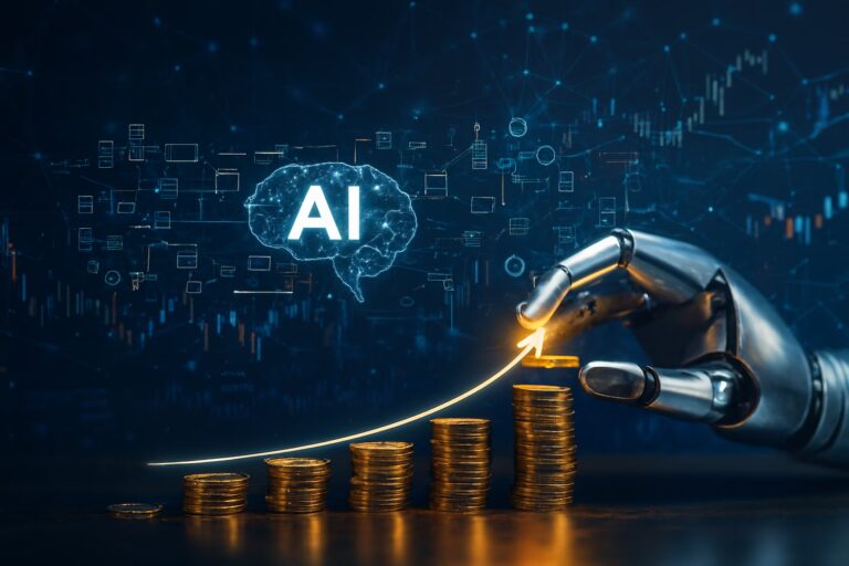 A robotic hand interacts with ascending stacks of gold coins connected by a glowing upward arrow, with a digital brain labeled “AI” in the background surrounded by data visualizations, symbolizing Securing AI Startup Funding The 2026 Proof Pivot through intelligent capital deployment, scalable innovation, and strategic validation frameworks that help founders attract investment, demonstrate traction, and align with the accelerating AI economy.