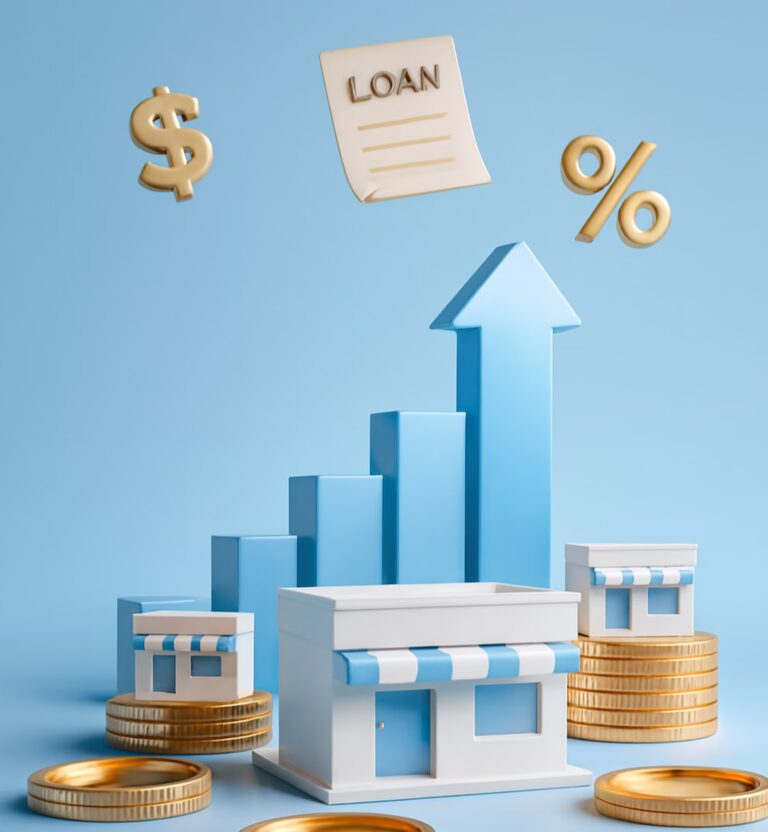 Three small storefront buildings sit atop stacks of gold coins in front of a rising blue bar graph, with floating icons of a dollar sign, a “LOAN” document, and a percentage symbol, symbolizing Small Business Expansion Loans for Growth through accessible capital, scalable financing, and strategic investment that empower entrepreneurs to increase revenue, expand operations, and thrive in competitive markets.