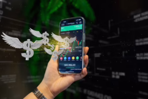 A hand holds a smartphone displaying a financial trading app with candlestick charts, a balance of “522,950.00,” and the label “SKT” at the top, surrounded by animated dollar signs with wings, symbolizing Stock Market Gains Strategies for Growth through mobile-driven trading, real-time analytics, and founder-led capital strategies that empower investors to track market signals, optimize portfolio performance, and scale wealth through disciplined equity positioning.
