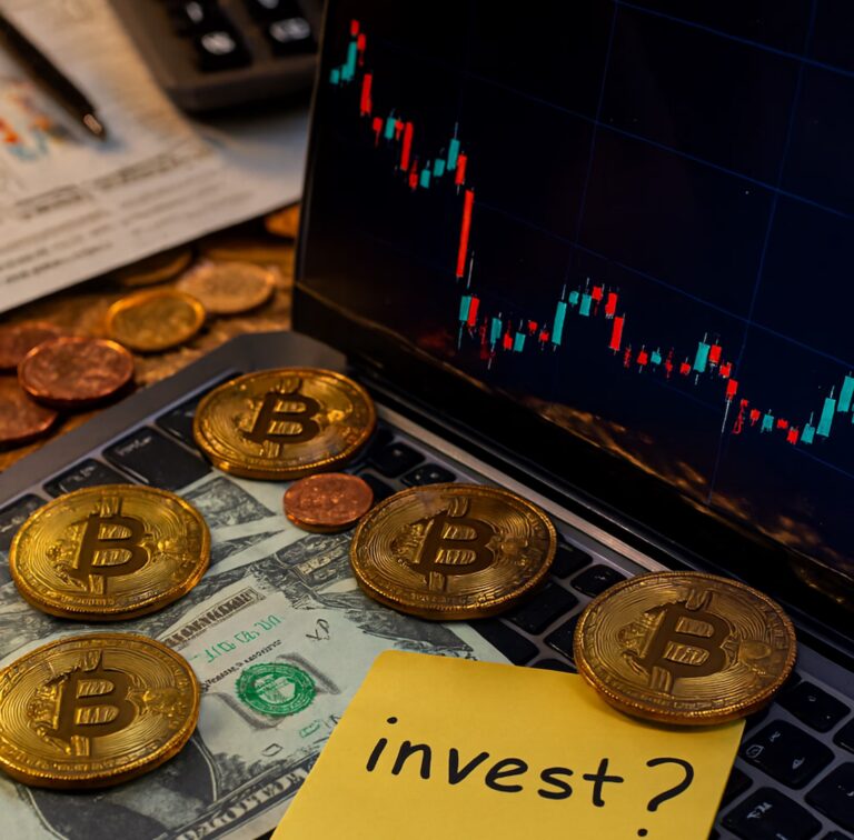 A financial setup features gold Bitcoin tokens on a laptop keyboard, a U.S. dollar bill, a candlestick chart on the screen, a pen, and a sticky note reading “invest?”, symbolizing Stock Trading Analysis for Smarter Investments through cryptocurrency insights, market data interpretation, and strategic decision-making tools that help founders and investors navigate volatility, assess risk, and optimize portfolio performance.