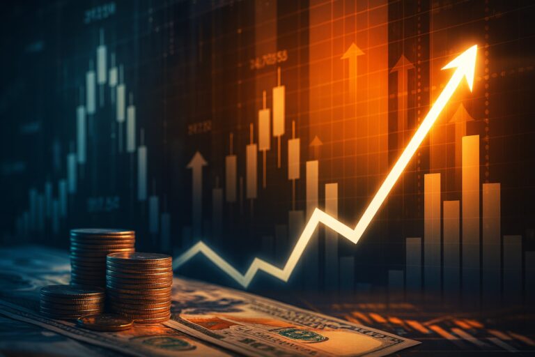 Stacks of coins and scattered U.S. dollar bills sit in the foreground of a digital stock chart featuring candlestick patterns and bar graphs, overlaid with a bold upward-pointing arrow, symbolizing Stock Trading Capital Management for Sustainable Returns through disciplined portfolio allocation, market trend analysis, and founder-led financial strategy that empower investors to optimize capital deployment, manage risk, and achieve consistent long-term growth in dynamic trading environments.
