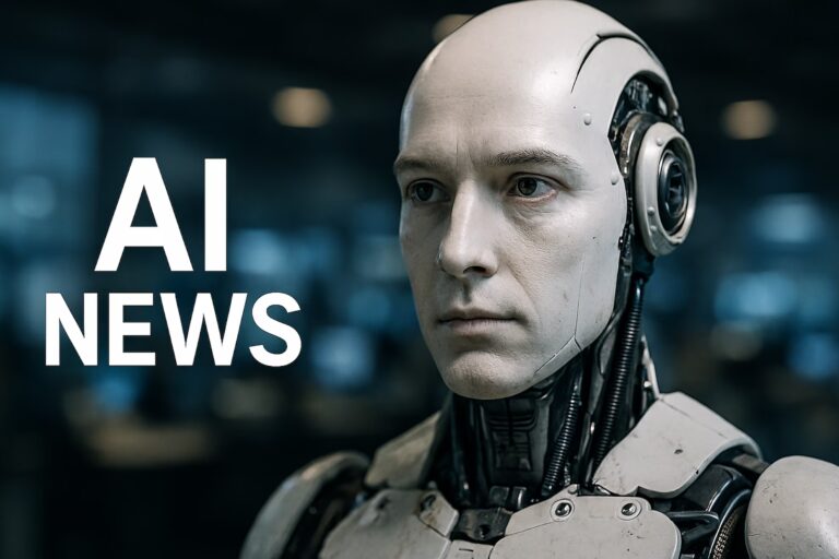 A humanoid robot with a realistic face and exposed mechanical components stands in front of blurred tech-lab surroundings, with bold white text reading “AI NEWS” beside it, symbolizing The Agentic Newsroom Mastering the Future of AI News through human-machine collaboration, real-time intelligence, and ethical automation that redefine how artificial intelligence curates, delivers, and evolves digital journalism in the 2026 media landscape.