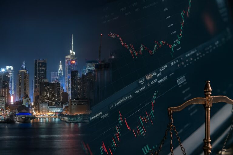 A nighttime cityscape featuring iconic skyscrapers like the Chrysler Building blends with digital candlestick charts and a brass balance scale, symbolizing The Efficiency Dividend: Navigating Global Economic Trends in 2026 through the intersection of urban development, financial market analysis, and regulatory frameworks that guide founders, investors, and policymakers in optimizing global productivity, capital flows, and economic resilience.
