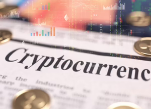 A document labeled “Cryptocurrency” is surrounded by gold-colored coins, binary code overlays, bar and line charts, and Ethereum symbols, symbolizing crypto news growth insights through data-driven analysis, digital asset trends, and founder-led market intelligence that empower investors to interpret news impact, track blockchain innovations, and forecast crypto momentum in a rapidly evolving financial ecosystem.