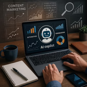 A person works at a laptop showing an interface labeled AI copilot with bar charts, pie charts, and line graphs and visible labels AUTOMATION PERSONALIZATION and CONTENT MARKETING. A notebook and pen, a cup of coffee, and a smartphone displaying a bar chart sit beside the laptop. Background overlays show additional charts and binary code, conveying data-driven workflows and AI-assisted content planning. The scene represents AI Content Marketing Insights: Data, Automation, Personalization emphasizing automated analytics, personalized messaging, and scalable content strategies.