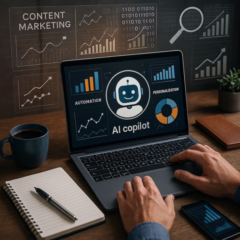 A person works at a laptop showing an interface labeled AI copilot with bar charts, pie charts, and line graphs and visible labels AUTOMATION PERSONALIZATION and CONTENT MARKETING. A notebook and pen, a cup of coffee, and a smartphone displaying a bar chart sit beside the laptop. Background overlays show additional charts and binary code, conveying data-driven workflows and AI-assisted content planning. The scene represents AI Content Marketing Insights: Data, Automation, Personalization emphasizing automated analytics, personalized messaging, and scalable content strategies.