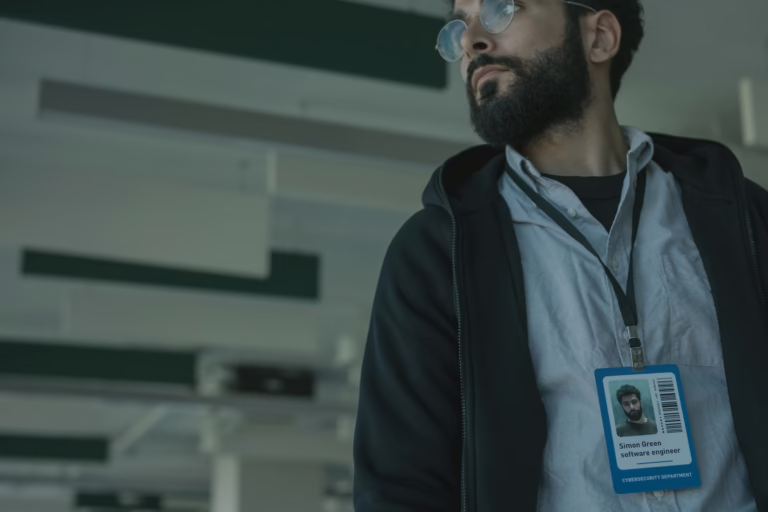 A bearded man wearing glasses and a lanyard with an ID badge labeled “Simon Green, software engineer, CYBERSECURITY DEPARTMENT” stands in an office setting with ceiling panels and lighting fixtures, symbolizing Balancing Cybersecurity and Employee Wellness through founder-led tech leadership, secure workplace protocols, and human-centered digital resilience that empower teams to protect data while fostering mental health, trust, and sustainable productivity in high-security environments.