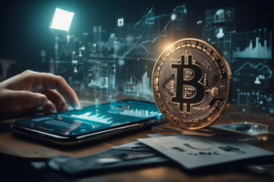 A large golden Bitcoin coin dominates the foreground while a hand interacts with a smartphone showing financial graphs and dashboards; holographic-style charts, glowing data visualizations, and digital interface icons fill the background, conveying mobile engagement, real-time market monitoring, and high-tech promotion, Bitcoin Digital Marketing Insights for Adoption highlighting strategies that combine visual storytelling, mobile-first campaigns, and data-driven targeting to accelerate user adoption.