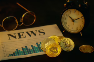 A warm-toned still life shows multiple cryptocurrency coins (including Bitcoin and Ethereum) scattered on a newspaper headlined “NEWS,” with a bar graph visible on the page; nearby are round eyeglasses and a classic black alarm clock set to about 10:10, suggesting timely market coverage and analysis, conveys Fintech Innovation Marketing: Positioning Disruption, Build Trust Crypto News Content Strategy: Authority and Timeliness by linking rapid crypto developments with authoritative reporting and strategic messaging that balances disruptive positioning and credibility.