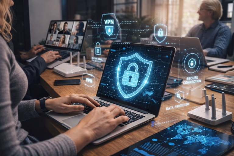 A group of professionals work on laptops in a modern office, with one central screen displaying a digital shield and padlock icon. Surrounding the workspace are holographic-style overlays featuring terms like “VPN,” “SECURE EMAIL,” “SECURE CONNECTION,” and “DATA PROTECTION,” along with icons for cloud computing and global connectivity, symbolizing Cybersecurity for Distributed Teams Protecting Remote Workforces through encrypted infrastructure, founder-led security protocols, and real-time threat monitoring that empower remote teams to safeguard data, maintain compliance, and scale secure collaboration across decentralized environments.