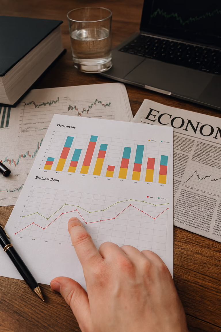 A workspace displays financial documents with colorful bar charts titled “Our company” and a line graph titled “Business Items,” showing monthly data trends for categories like Default, GTMU, and Students. A hand points to a specific data point on the line graph, while surrounding items include a newspaper with the headline “ECONOMY,” a laptop showing a stock market chart, a thick book, a pen, and a glass of water, symbolizing Economic Content Strategy for Authority and Growth through founder-led data analysis, editorial planning, and financial storytelling that empower businesses to build topical authority, interpret market signals, and drive sustainable growth.