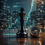 A black chess king piece and a gold compass rest on a polished wooden surface in the foreground, symbolizing strategy and direction. Behind them, a nighttime city skyline is overlaid with translucent financial visuals, candlestick charts, line graphs, and data points—suggesting market activity and urban economic centers. The composition conveys analytical decision‑making and competitive positioning under the title Economic Market Insights: Strategic Advantage.