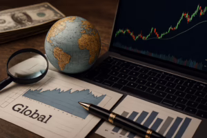 A workspace setup features a small globe, magnifying glass, stack of U.S. dollar bills, and financial documents labeled “Global” with jagged line and bar graphs. A laptop displays a rising candlestick chart, while a black-and-gold pen rests on the charts, symbolizing Equities Investment Strategy for Global Growth through founder-led portfolio planning, international market analysis, and strategic investment frameworks that empower businesses to diversify capital, interpret global trends, and scale equity positions across worldwide economies.