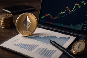 A physical Ethereum coin rests on financial documents featuring bar charts and line graphs, with a pen placed nearby. In the background, a laptop displays a candlestick chart of crypto market trends, alongside a stack of coins, a smartphone, and a vintage pocket watch on a wooden surface, symbolizing Ethereum Price Analysis for Crypto Investors through founder-led blockchain strategies, real-time market tracking, and investment frameworks that empower traders to interpret volatility, optimize timing, and scale digital asset portfolios.