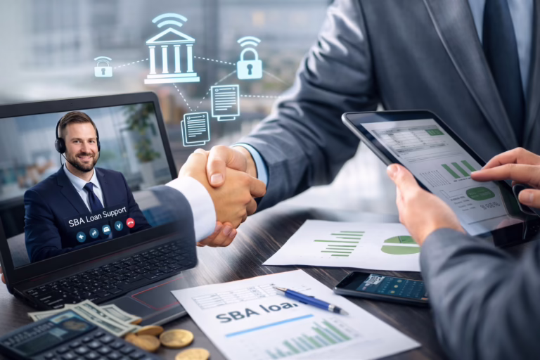 Two business professionals in suits shake hands over a table with financial documents, calculator, currency, and a smartphone displaying market data. One holds a tablet with financial graphs, while a laptop shows a video call labeled “SBA Loan Support” featuring a representative with a headset. Above the handshake, digital icons of a bank, padlock, and documents connected by wireless signals highlight Expanding Access with Remote SBA Loan Support through secure digital transactions, founder-led financing strategies, and remote consultation that empower small businesses to access capital, streamline approvals, and scale growth with confidence.