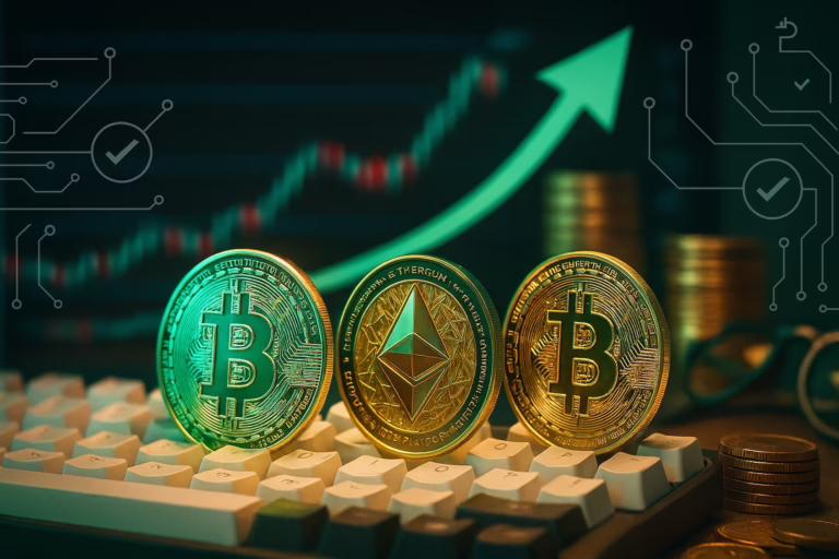 Three cryptocurrency coins (two Bitcoin, one Ethereum) sit on a computer keyboard beside stacks of coins and digital circuit graphics, with a rising green financial chart and upward arrow visible in the background; the composition conveys digital asset momentum, market growth, and technology-driven finance, Fintech Innovation Marketing: Positioning Disruption, Build Trust emphasizing strategic messaging that balances disruptive product positioning with credibility-building tactics to win customers and regulators.