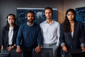 Four professionals in business attire wear headsets while standing in front of large computer monitors displaying stock market charts, global maps, and financial data. The collaborative, high-tech workspace symbolizes Remote Trading Support Teams Global Market Operations through founder-led strategies, real-time analytics, and secure digital communication that empower trading teams to coordinate across borders, interpret global signals, and drive efficient market operations worldwide.