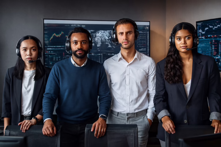 Four professionals in business attire wear headsets while standing in front of large computer monitors displaying stock market charts, global maps, and financial data. The collaborative, high-tech workspace symbolizes Remote Trading Support Teams Global Market Operations through founder-led strategies, real-time analytics, and secure digital communication that empower trading teams to coordinate across borders, interpret global signals, and drive efficient market operations worldwide.
