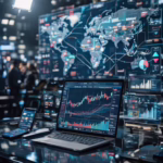 A high-tech trading environment with multiple large digital screens showing candlestick charts, bar and line graphs, and global market indicators overlaid on a world map. In the foreground, a laptop, smartphone, and tablet display detailed stock charts and trend lines, while blurred figures move in the background, conveying real-time monitoring, cross‑market connectivity, and active analysis of global equities.