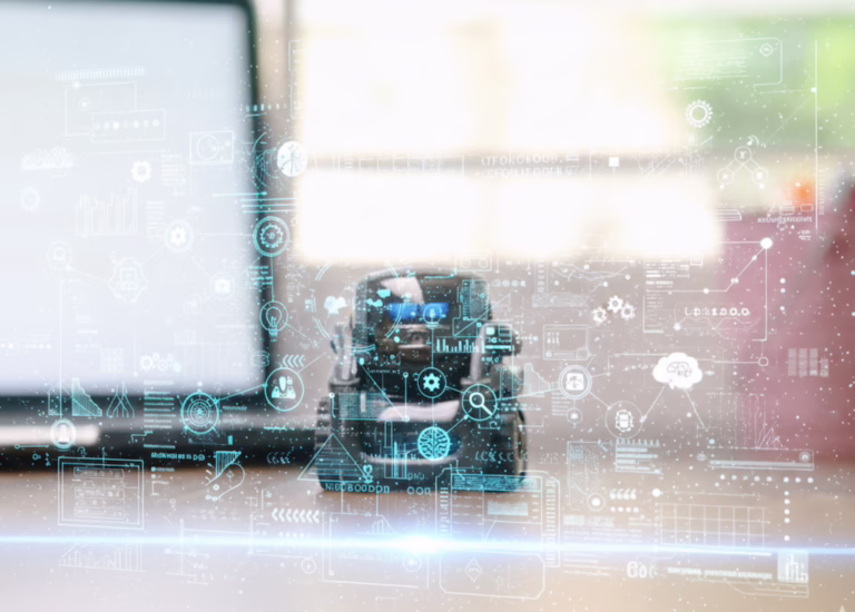 A small robot sits in front of a blurred laptop screen, surrounded by digital overlays of charts, gears, cloud icons, and network diagrams, symbolizing The Future of AI: Innovation and Transformation through autonomous systems, data-driven intelligence, and founder-led tech evolution that empower industries to integrate robotics, scale smart automation, and unlock breakthroughs in digital infrastructure and machine learning.