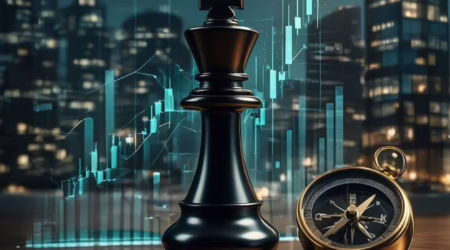 A black chess king piece and a gold compass rest on a polished wooden surface in the foreground, symbolizing strategy and direction. Behind them, a nighttime city skyline is overlaid with translucent financial visuals, candlestick charts, line graphs, and data points—suggesting market activity and urban economic centers. The composition conveys analytical decision‑making and competitive positioning under the title Economic Market Insights: Strategic Advantage.