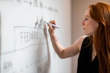 A person writes “FEEDBACK” on a whiteboard surrounded by crossed-out terms and API notes, symbolizing Process Improvement for Business through streamlined systems, iterative refinement, and growth-focused planning.