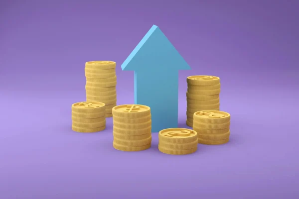Stacks of gold-colored coins surround a large blue upward arrow against a purple backdrop, symbolizing SBA Loans for Business Growth: Capital and Expansion in 2025 through accessible funding, rising financial potential, and scalable investment strategies for small businesses.