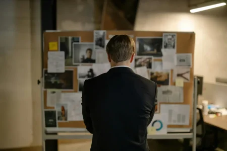 A suited individual stands before a corkboard filled with photos, documents, and diagrams: symbolizing Stock Market Fintech Innovations Reshaping Business Strategy through investigative analysis, data mapping, and strategic intelligence, reflecting how fintech tools empower sharper decision-making and adaptive market strategies in dynamic business environments.