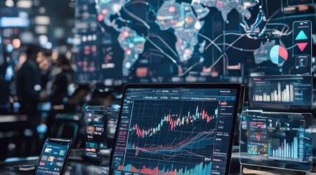 A high-tech trading environment with multiple large digital screens showing candlestick charts, bar and line graphs, and global market indicators overlaid on a world map. In the foreground, a laptop, smartphone, and tablet display detailed stock charts and trend lines, while blurred figures move in the background, conveying real-time monitoring, cross‑market connectivity, and active analysis of global equities.